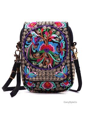Handmade Embroidered Canvas Crossbody Bag Small Messenger Cellphone Purse
